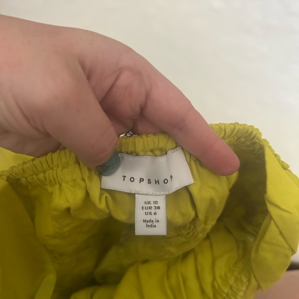 Topshop Channeled mini dress in chartreuse yellow tie front elastic waist - Picture 5 of 13